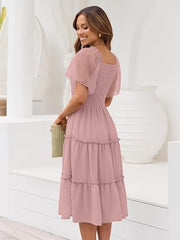 Women Tiered Flutter Sleeve Square Neck Smocked Midi Dress