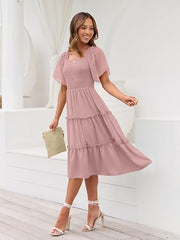 Women Tiered Flutter Sleeve Square Neck Smocked Midi Dress