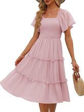 Women Tiered Flutter Sleeve Square Neck Smocked Midi Dress