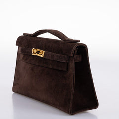 Hermes Kelly Pochette Chocolate Veau Doblis Suede Gold Hardware - 2014, R Square