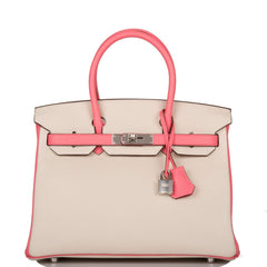 Hermes Birkin 30cm Bi-Color Craie and Rose Lipstick Clemence Palladium Hardware