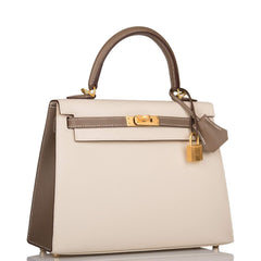 Hermes Kelly 25cm Bi-Color Craie and Etoupe Epsom Sellier Brushed Gold Hardware