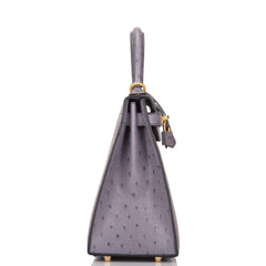 Hermes Kelly 28cm Bi-Color Gris Agate and Gris Perle Ostrich Sellier Brushed Gold Hardware