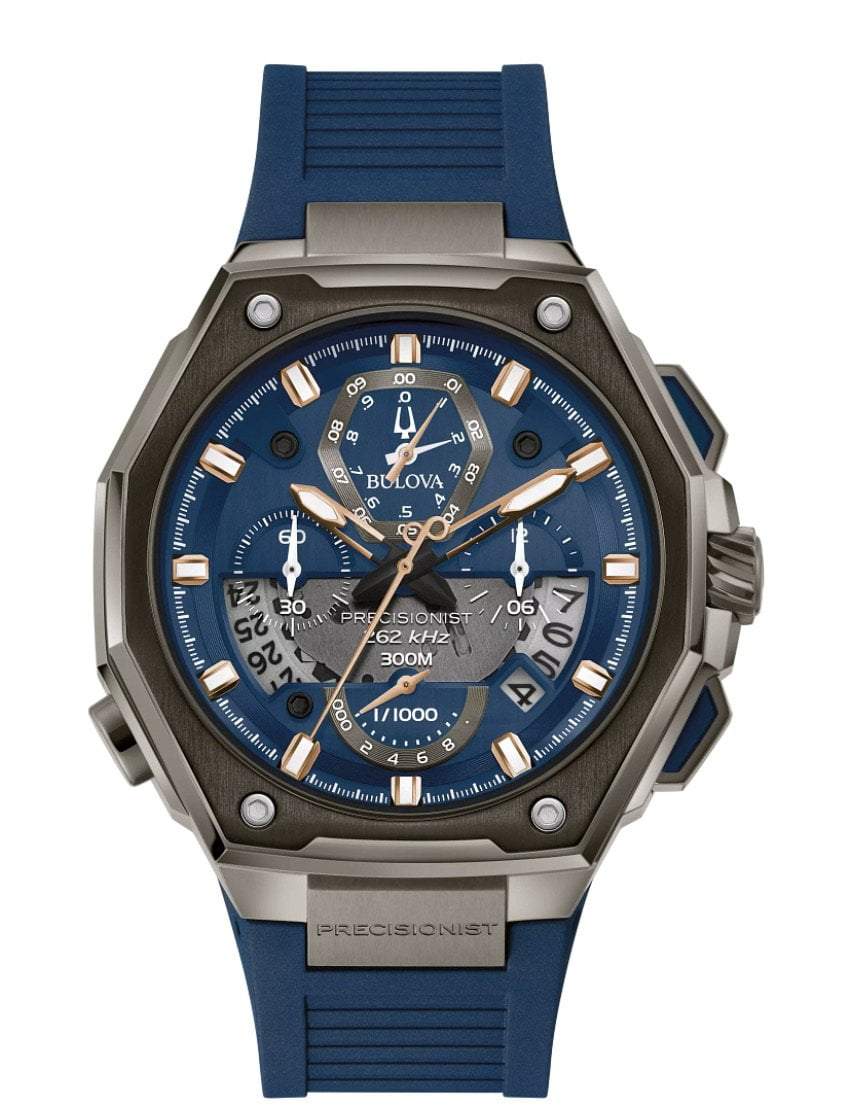 Bulova-Bulova Precisionist Blue Dial Ruber Strap Automatic Watch 98B357