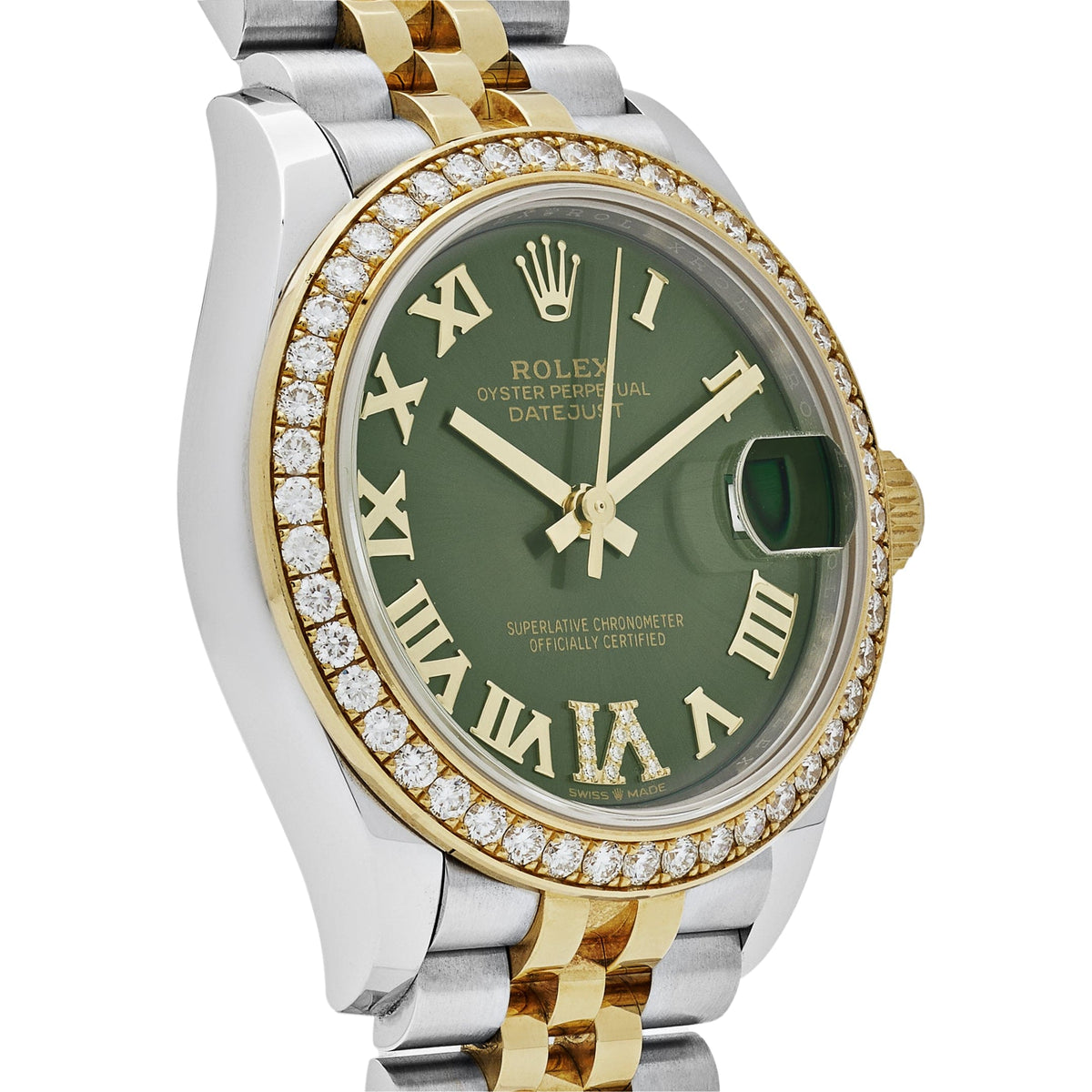 Rolex Datejust 278383RBR 'Ladies' Yellow Gold Stainless Steel Green Roman Dial Diamond Bezel