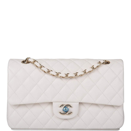 Chanel White Quilted Caviar Medium Classic Double Flap Bag Gold Hardware