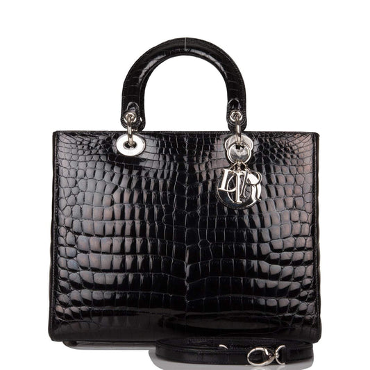 Christian Dior Black Large Lady Dior Crocodile Tote Silver Hardware
