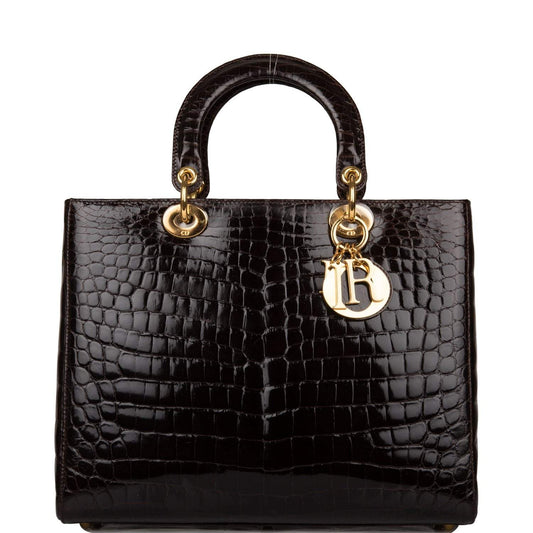 Christian Dior Dark Brown Large Lady Dior Alligator Tote Gold Hardware