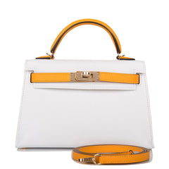 Hermes Horseshoe Stamp (HSS) White and Jaune D'Or Epsom Sellier Kelly 20cm Permabrass Hardware