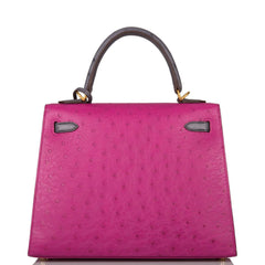 Hermes Horseshoe Stamp (HSS) Bi-Color Rose Pourpre and Gris Agate Ostrich Sellier Kelly 25cm Brushed Gold Hardware