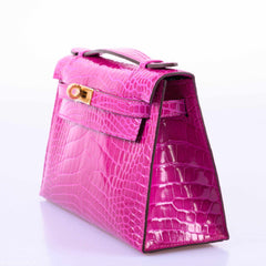 Hermes Kelly Mini Pochette Rose Scheherazade Shiny Alligator Gold Hardware - 2019, D