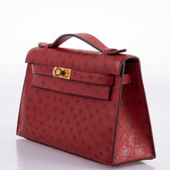 Hermes Kelly Mini Pochette Rouge Vif Ostrich Gold Hardware - 2017, A