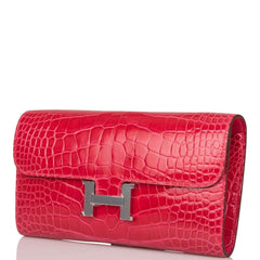 Hermes Rose Extreme Shiny Alligator Constance Wallet To Go Palladium Hardware