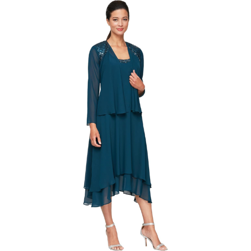 Women's Mother of The Bride Dress with Embellished Neckline & Shoulder