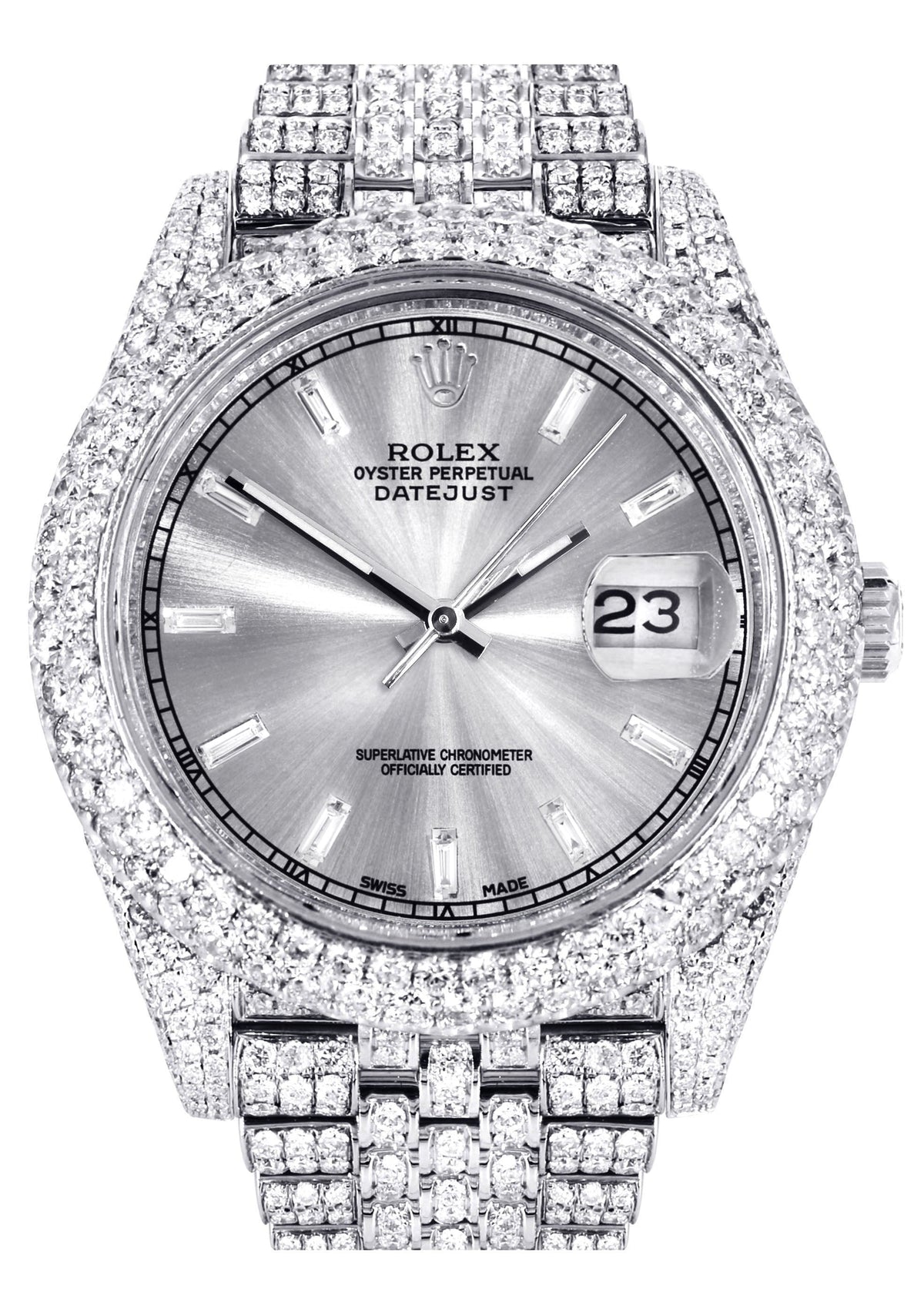 Womens Diamond Iced Out Rolex Datejust 41 | 25 Carats Of Diamonds | Custom Silver Diamond Dial | Two Row | Jubilee Band