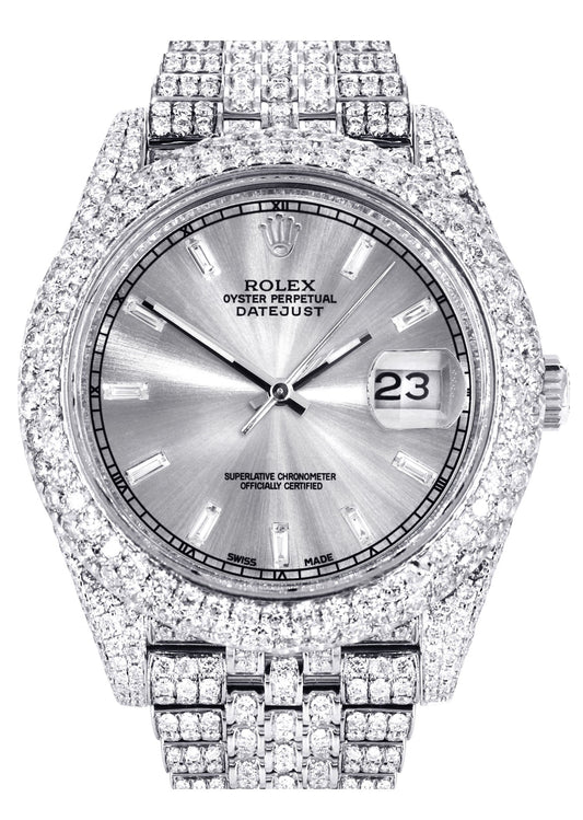 Womens Diamond Iced Out Rolex Datejust 41 | 25 Carats Of Diamonds | Custom Silver Diamond Dial | Two Row | Jubilee Band