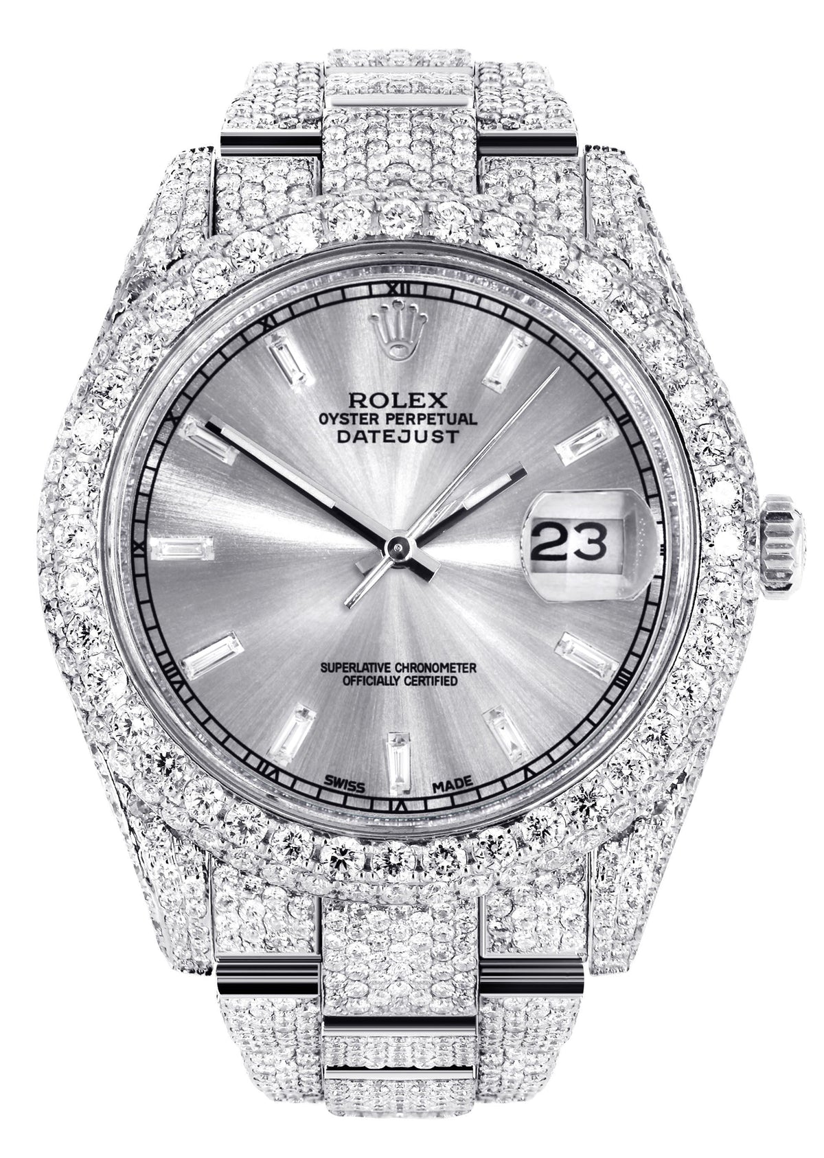Womens Diamond Iced Out Rolex Datejust 41 | 25 Carats Of Diamonds | Custom Silver Diamond Dial | Two Row | Oyster Band