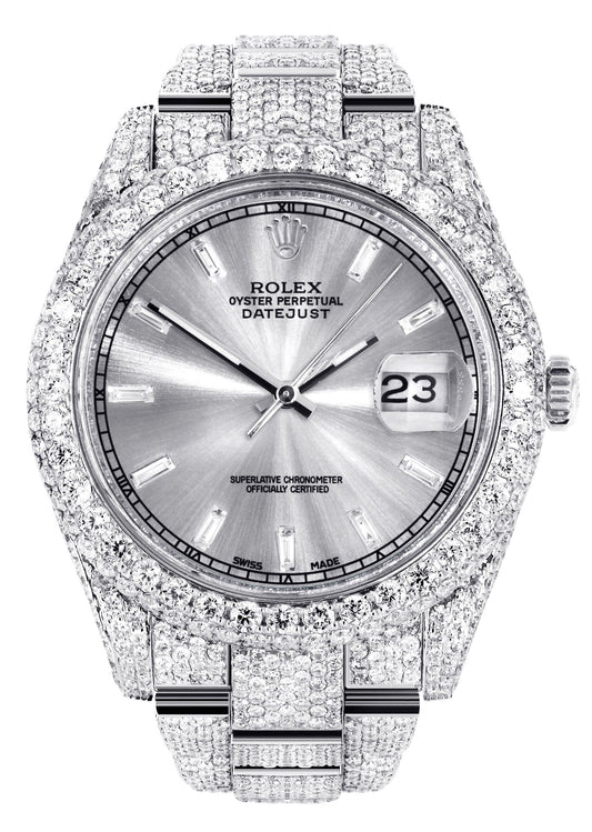 Womens Diamond Iced Out Rolex Datejust 41 | 25 Carats Of Diamonds | Custom Silver Diamond Dial | Two Row | Oyster Band