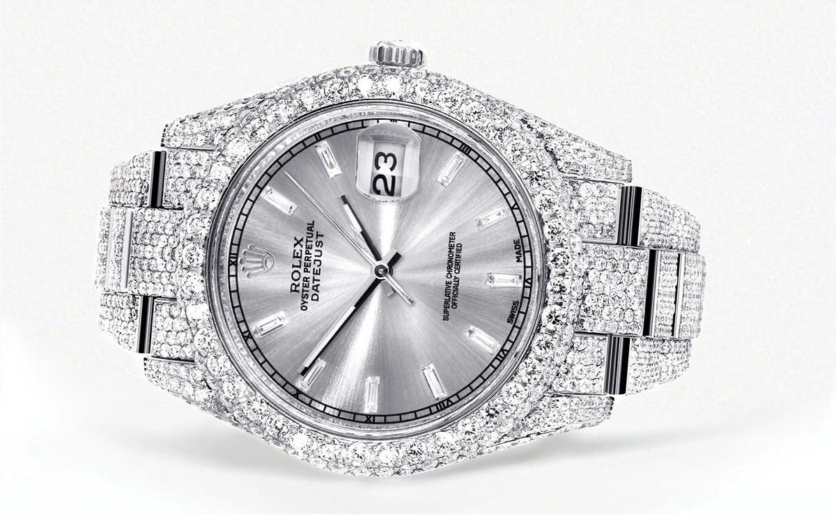 Womens Diamond Iced Out Rolex Datejust 41 | 25 Carats Of Diamonds | Custom Silver Diamond Dial | Two Row | Oyster Band