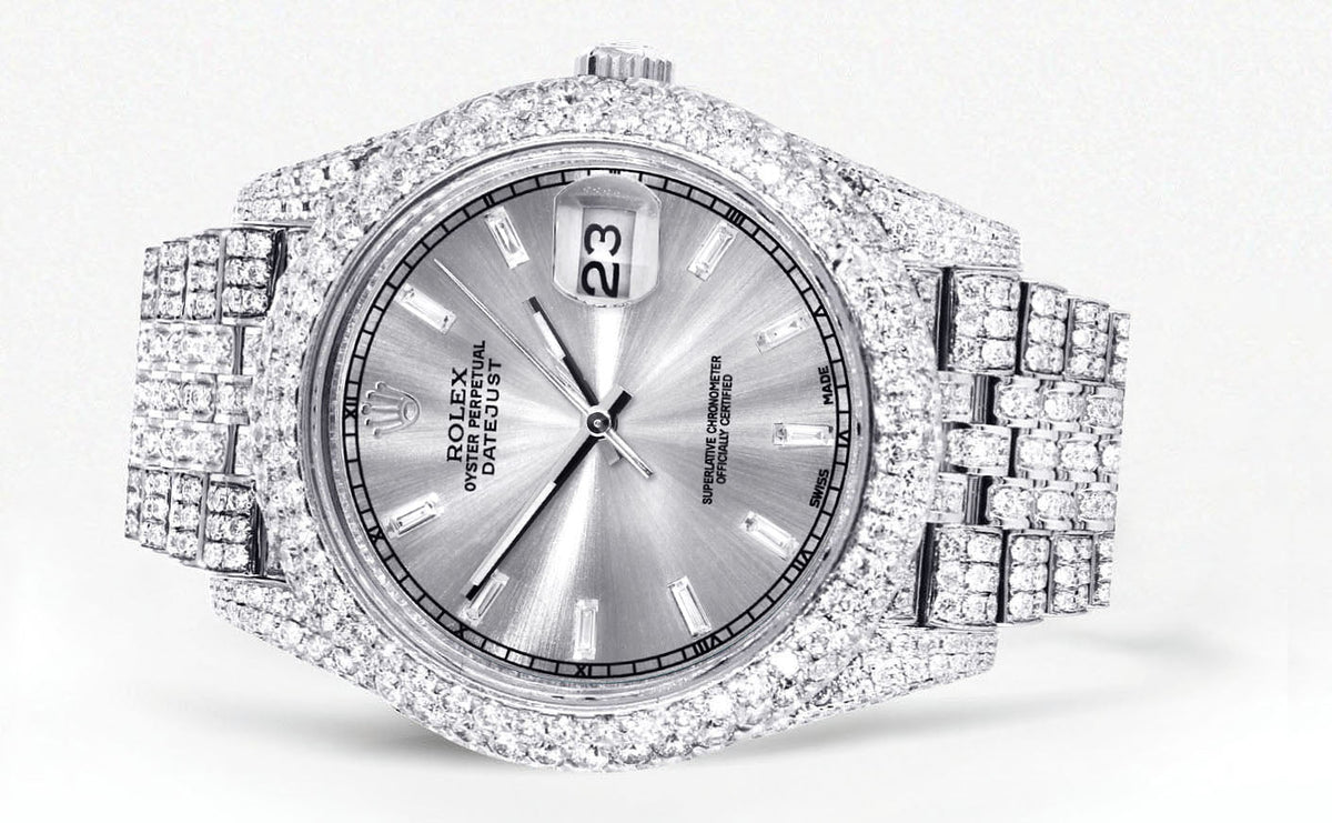 Womens Diamond Iced Out Rolex Datejust 41 | 25 Carats Of Diamonds | Custom Silver Diamond Dial | Two Row | Jubilee Band