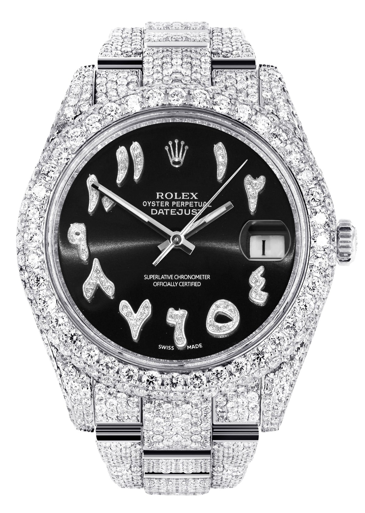 Womens Diamond Iced Out Rolex Datejust 41 | 25 Carats Of Diamonds | Custom Black Arabic Numeral Diamond Dial | Two Row | Oyster Band