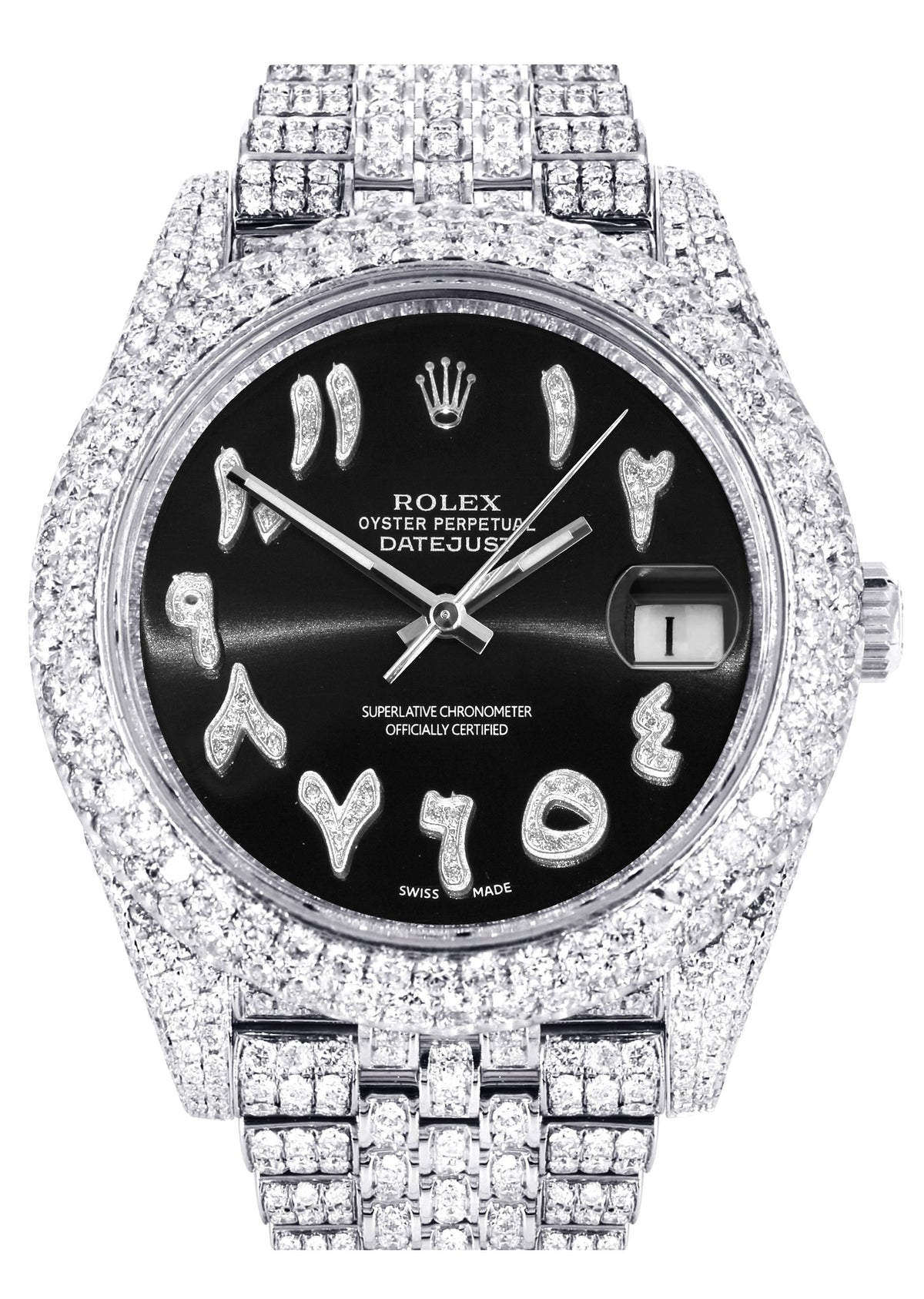 Womens Diamond Iced Out Rolex Datejust 41 | 25 Carats Of Diamonds | Custom Black Arabic Numeral Diamond Dial | Two Row | Jubilee Band