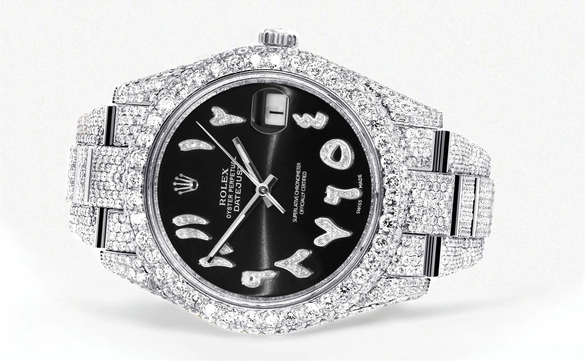 Womens Diamond Iced Out Rolex Datejust 41 | 25 Carats Of Diamonds | Custom Black Arabic Numeral Diamond Dial | Two Row | Oyster Band