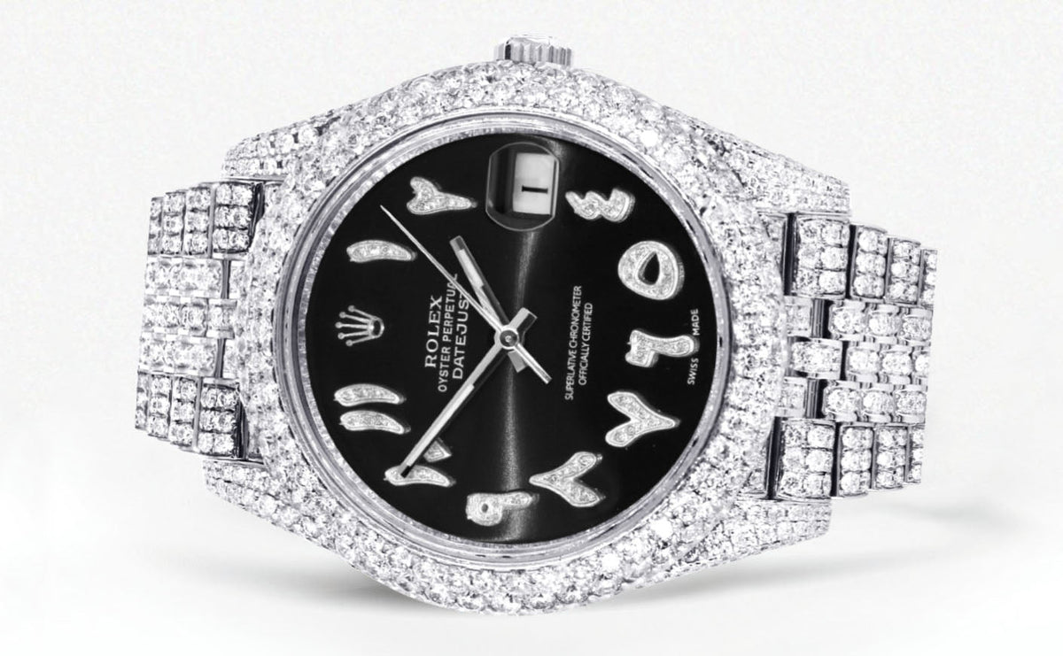 Womens Diamond Iced Out Rolex Datejust 41 | 25 Carats Of Diamonds | Custom Black Arabic Numeral Diamond Dial | Two Row | Jubilee Band