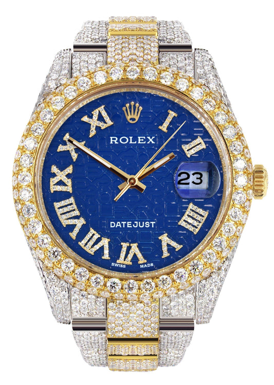 Womens Diamond Iced Out Rolex Datejust 41 | 25 Carats Of Diamonds | Blue Text Pattern Dial | Two Tone | Two Row | Oyster Band