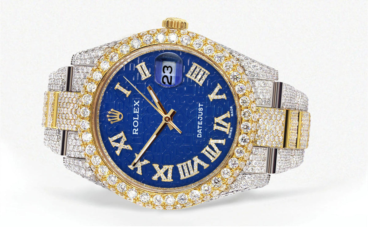 Womens Diamond Iced Out Rolex Datejust 41 | 25 Carats Of Diamonds | Blue Text Pattern Dial | Two Tone | Two Row | Oyster Band