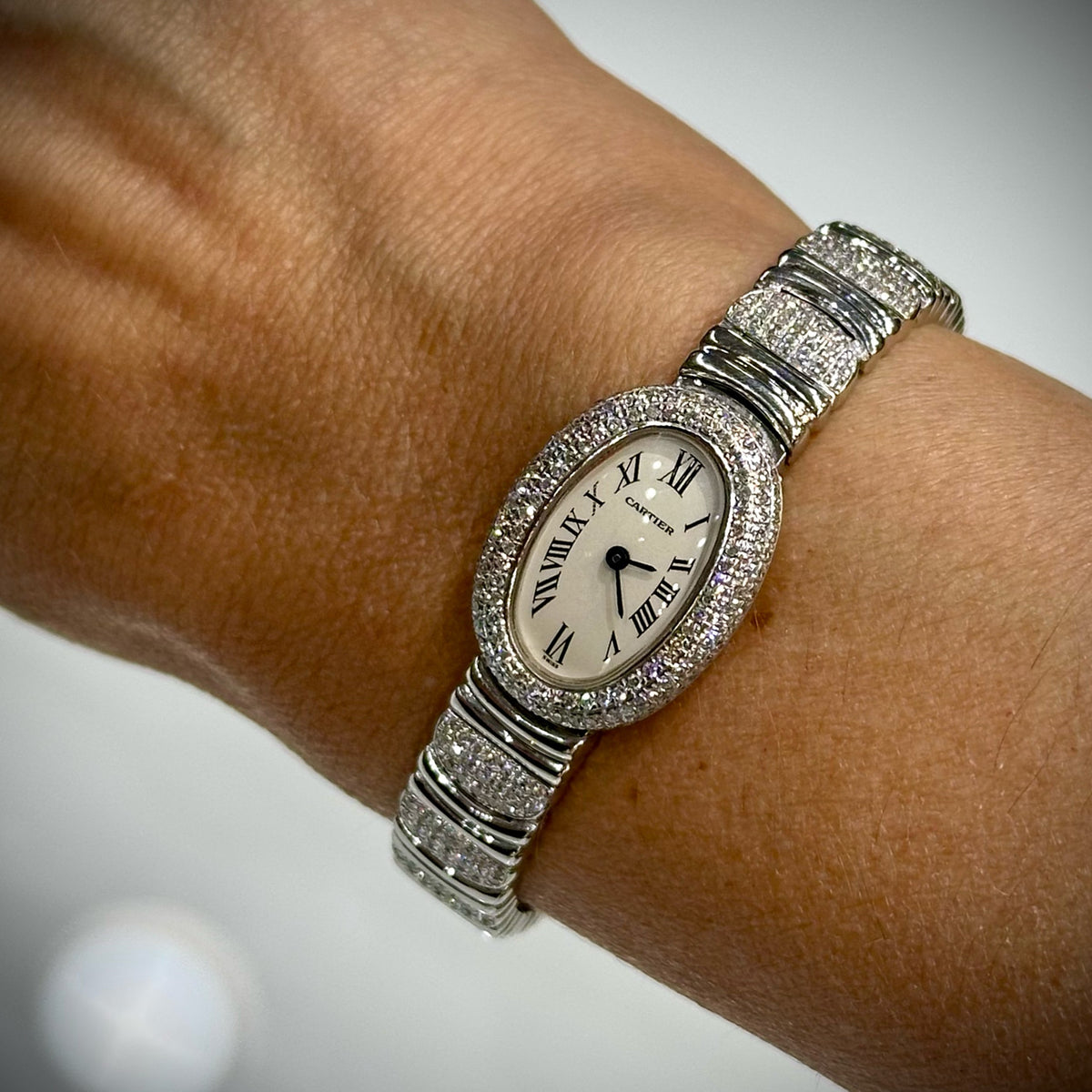 Cartier Baignoire Mini 18K White Gold Factory Diamond Bezel & Bracelet WB5095EA 2369