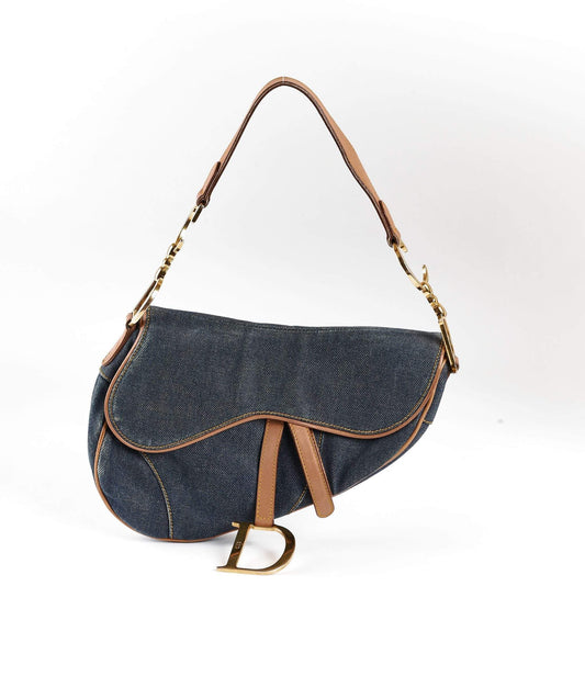 Christian Dior Blue Denim Saddle Bag GHW