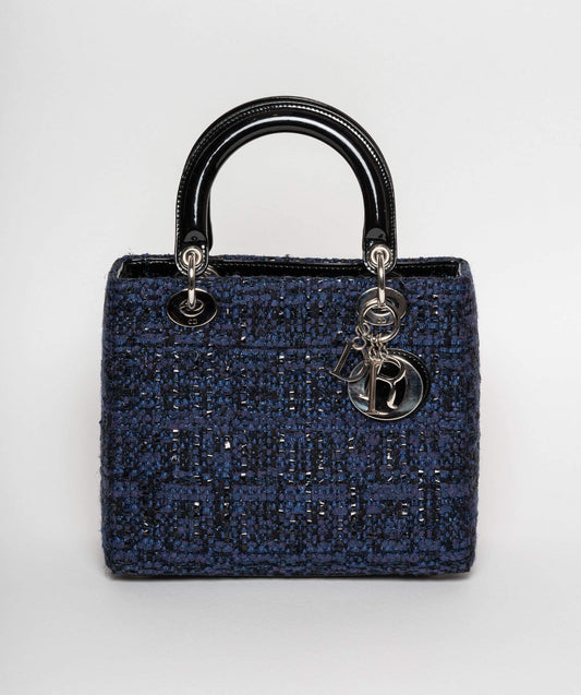 Christian Dior Blue Tweed and Patent Lady Dior Bag