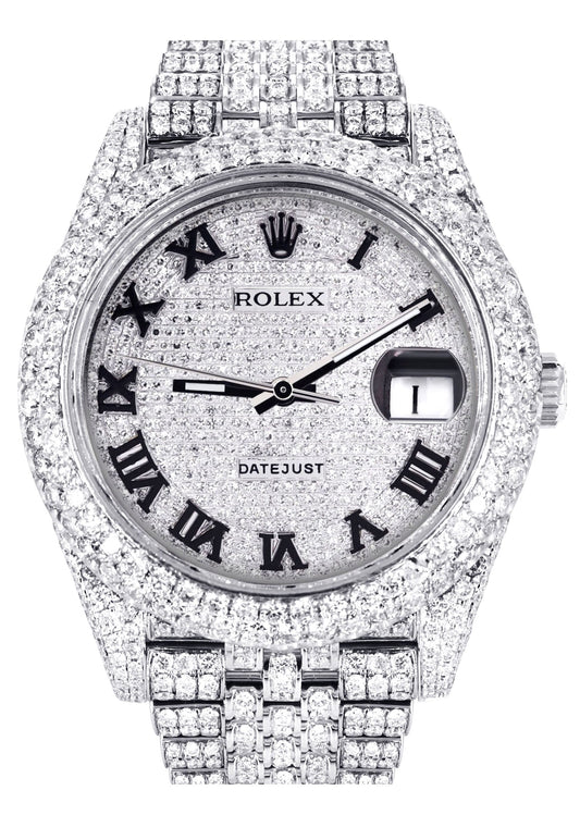 Womens Diamond Iced Out Rolex Datejust 41 | 25 Carats Of Diamonds | Custom Roman Numeral Diamond Dial | Two Row | Jubilee Band