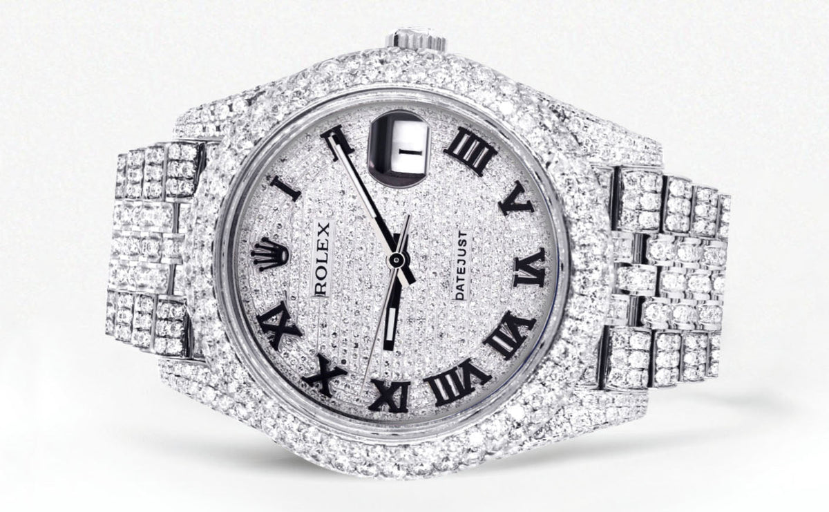Womens Diamond Iced Out Rolex Datejust 41 | 25 Carats Of Diamonds | Custom Roman Numeral Diamond Dial | Two Row | Jubilee Band