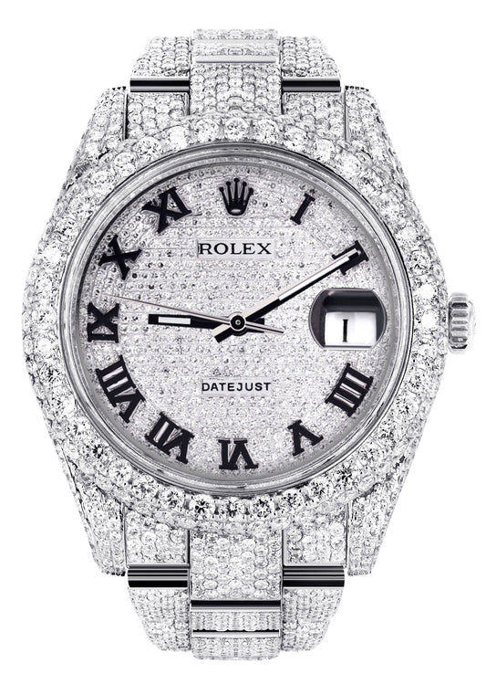 Womens Diamond Iced Out Rolex Datejust 41 | 25 Carats Of Diamonds | Custom Roman Numeral Diamond Dial | Two Row | Oyster Band