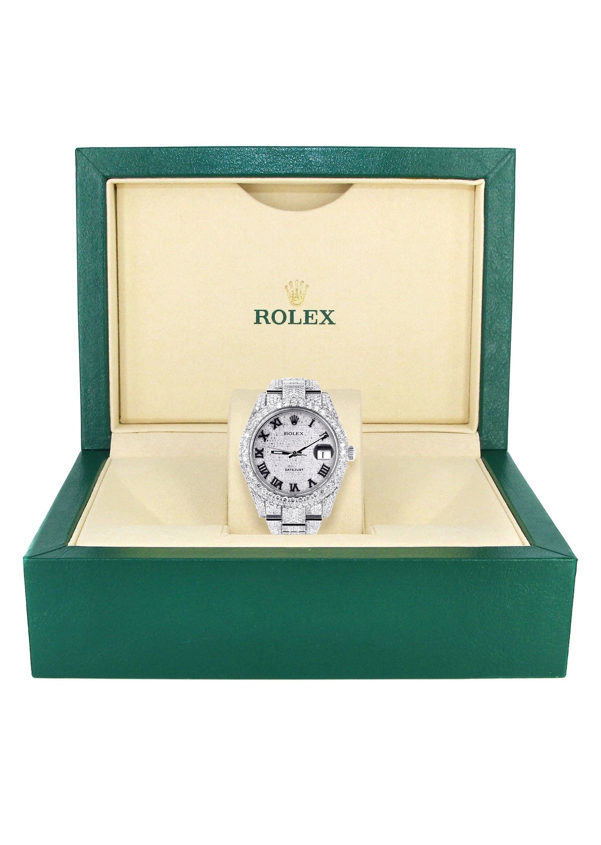 Womens Diamond Iced Out Rolex Datejust 41 | 25 Carats Of Diamonds | Custom Roman Numeral Diamond Dial | Two Row | Oyster Band