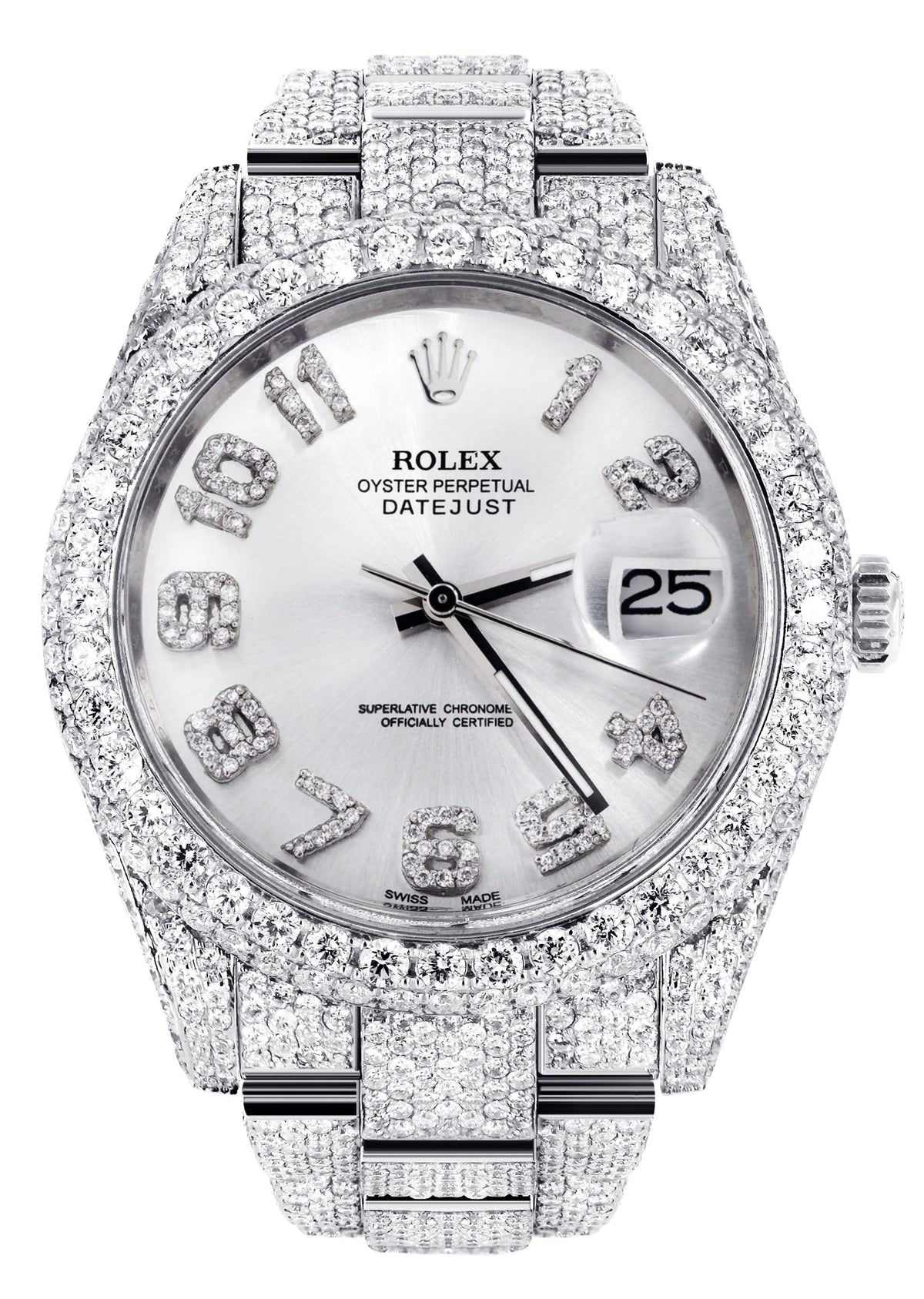 Womens Diamond Iced Out Rolex Datejust 41 | 25 Carats Of Diamonds | Custom Silver Diamond Dial | Two Row | Oyster Band