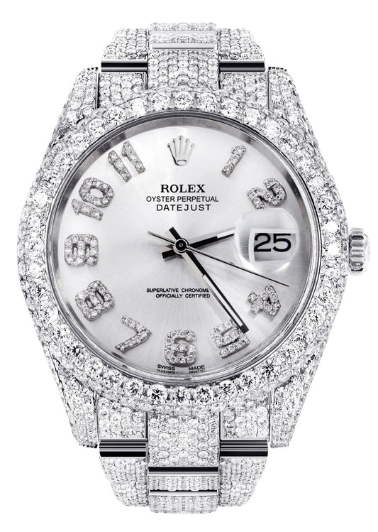 Womens Diamond Iced Out Rolex Datejust 41 | 25 Carats Of Diamonds | Custom Silver Diamond Dial | Two Row | Oyster Band