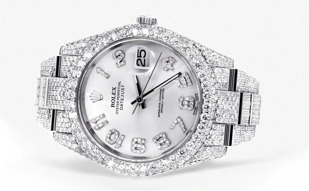 Womens Diamond Iced Out Rolex Datejust 41 | 25 Carats Of Diamonds | Custom Silver Diamond Dial | Two Row | Oyster Band