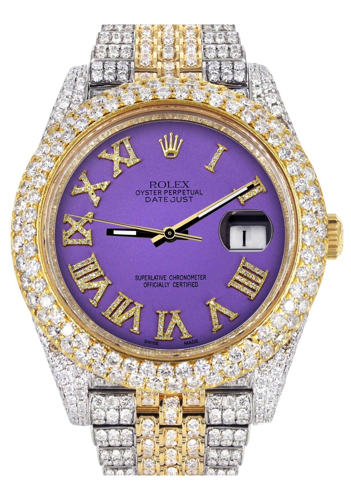 Womens Diamond Iced Out Rolex Datejust 41 | 25 Carats Of Diamonds | Custom Purple Roman Numeral Diamond Dial | Two Tone | Two Row | Jubilee Band