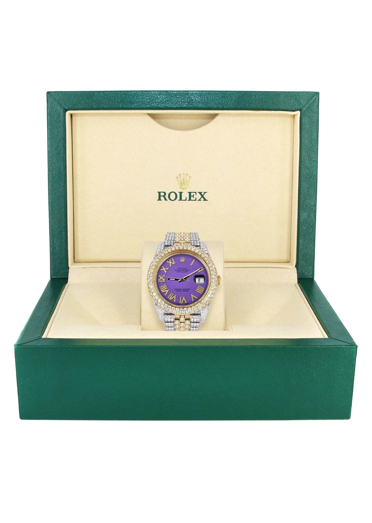 Womens Diamond Iced Out Rolex Datejust 41 | 25 Carats Of Diamonds | Custom Purple Roman Numeral Diamond Dial | Two Tone | Two Row | Jubilee Band