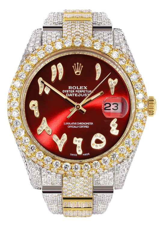 Womens Diamond Iced Out Rolex Datejust 41 | 25 Carats Of Diamonds | Custom Red Arabic Numeral Diamond Dial | Two Tone | Two Row | Oyster Band
