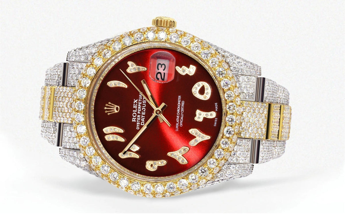 Womens Diamond Iced Out Rolex Datejust 41 | 25 Carats Of Diamonds | Custom Red Arabic Numeral Diamond Dial | Two Tone | Two Row | Oyster Band