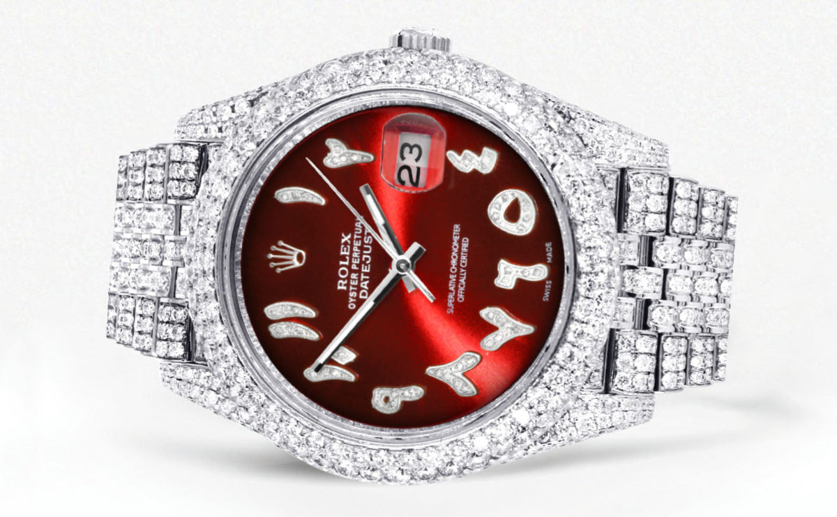 Womens Diamond Iced Out Rolex Datejust 41 | 25 Carats Of Diamonds | Custom Red Arabic Numeral Diamond Dial | Two Row | Jubilee Band