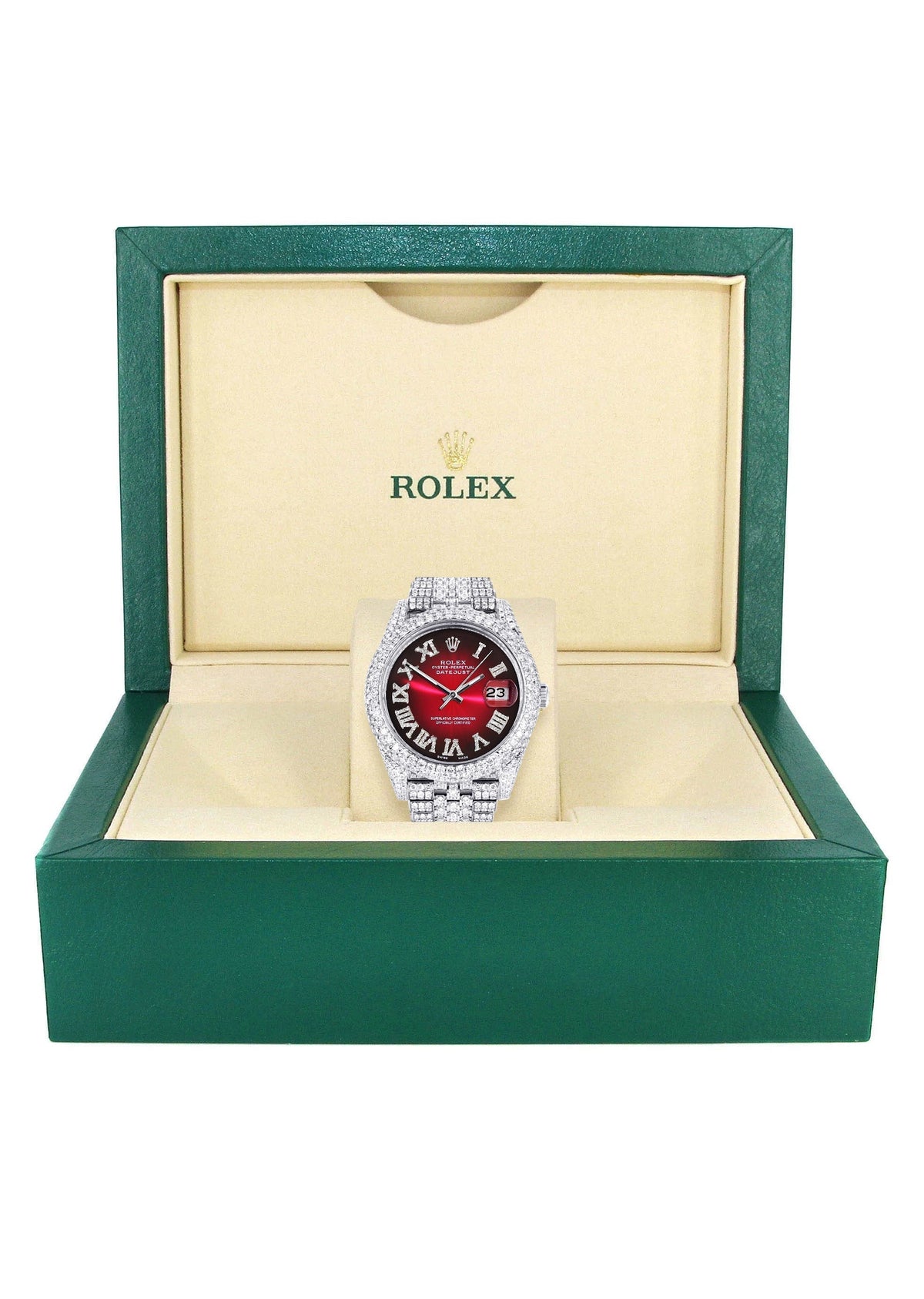 Womens Diamond Iced Out Rolex Datejust 41 | 25 Carats Of Diamonds | Custom Red Black Roman Numeral Dial | Two Row | Jubilee Band