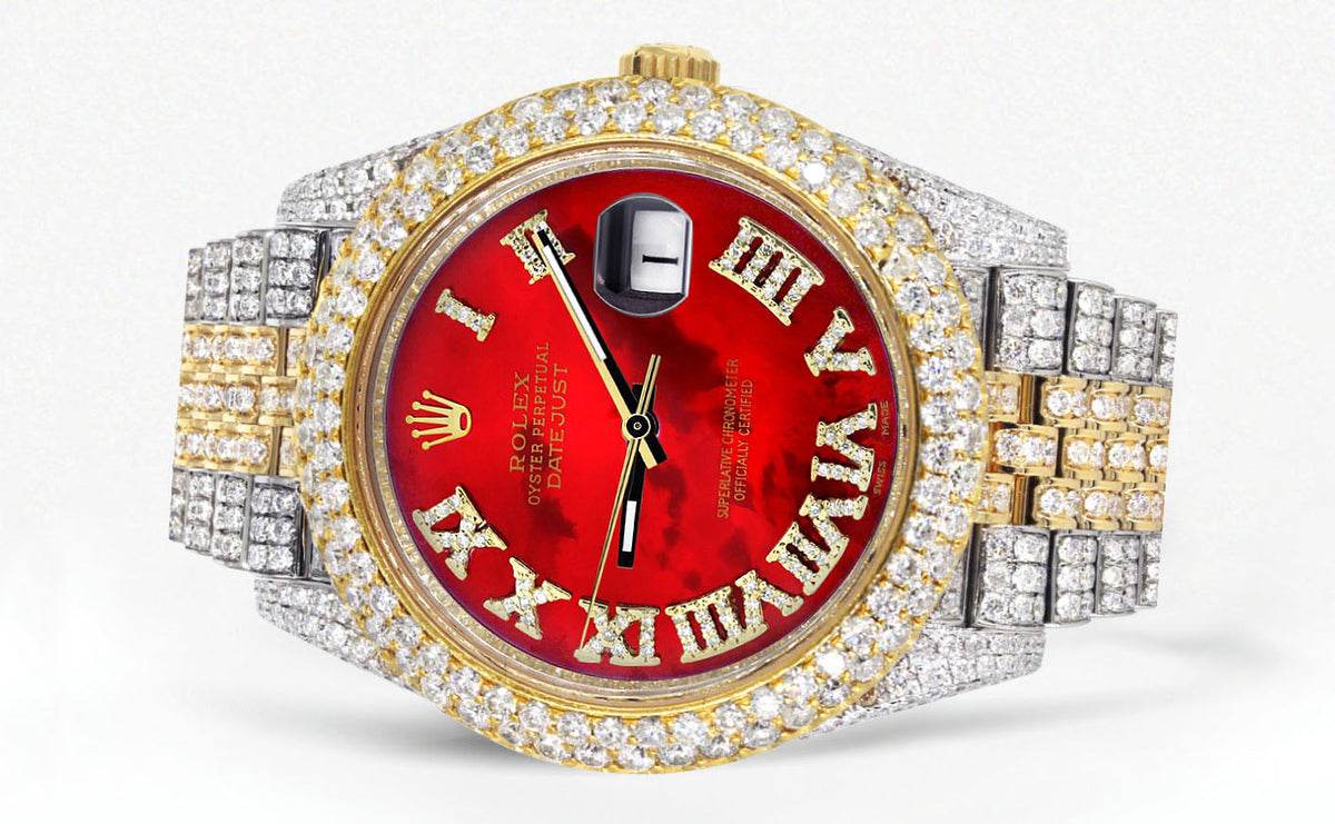 Women's Rolex Datejust 41 – 25ct Iced Out, Red MOP Roman Dial, Two-Tone Jubilee Band