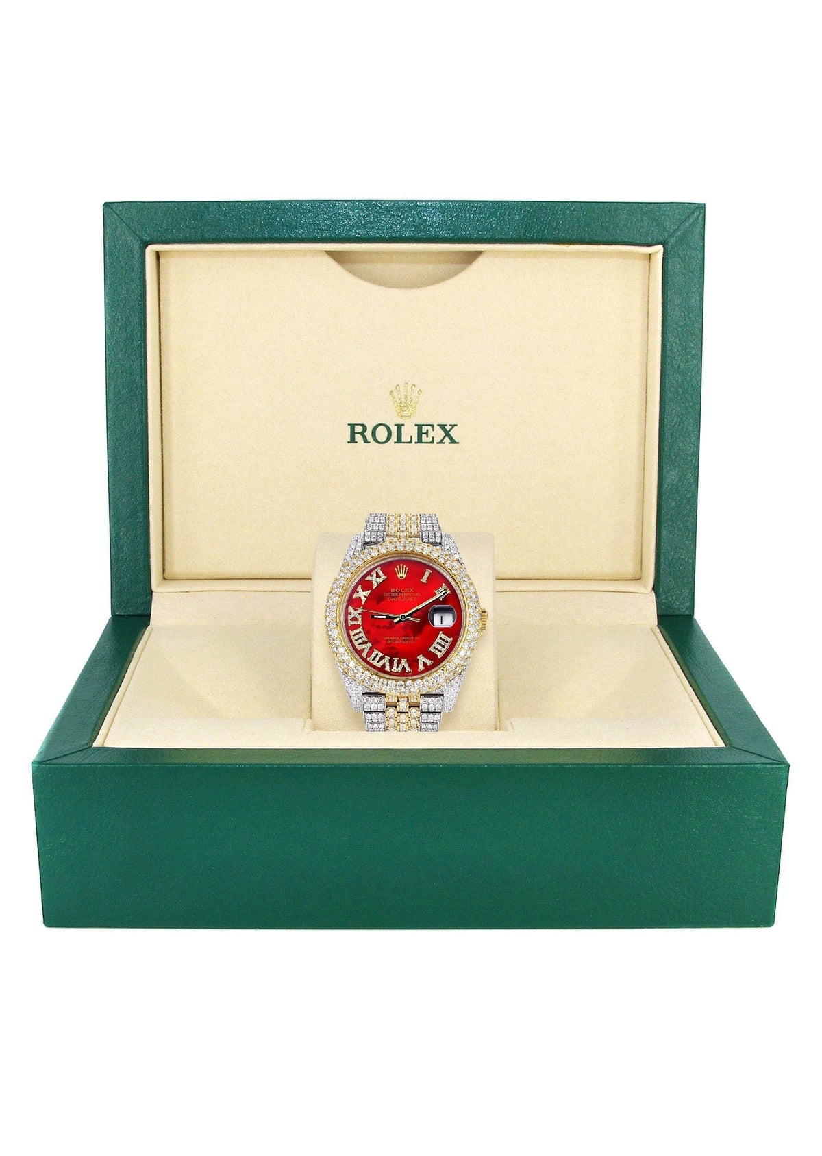 Women's Rolex Datejust 41 – 25ct Iced Out, Red MOP Roman Dial, Two-Tone Jubilee Band