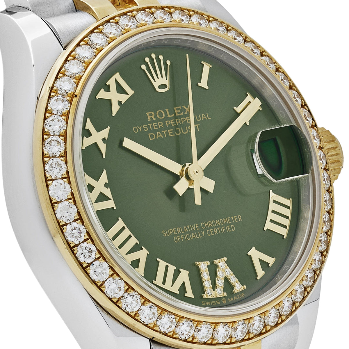 Rolex Datejust 278383RBR 'Ladies' Yellow Gold Stainless Steel Green Roman Dial Diamond Bezel