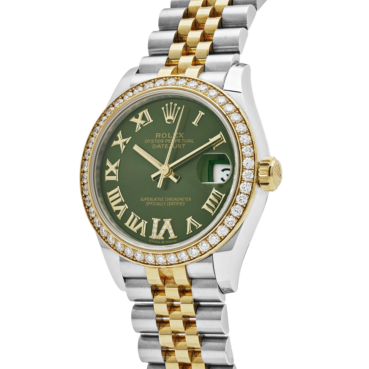 Rolex Datejust 278383RBR 'Ladies' Yellow Gold Stainless Steel Green Roman Dial Diamond Bezel